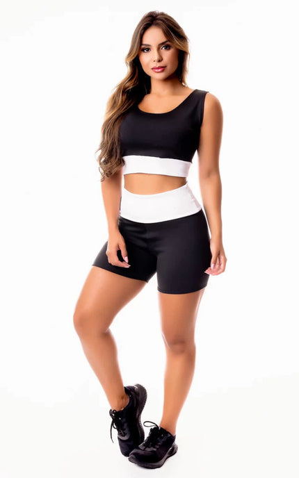 Conjunto Fitness Feminino Short Preto com Branco Cintura Alta e Cropped Regata Academia | REF: CSV18