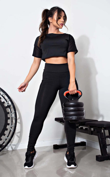 Conjunto Fitness Cropped Preto + Calça Legging com Bolso Tela | REF: LX81