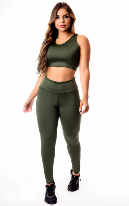 Calça Legging Verde Militar Cintura Alta e Cropped Regata Academia Conjunto Fitness Feminino | REF: CSV23