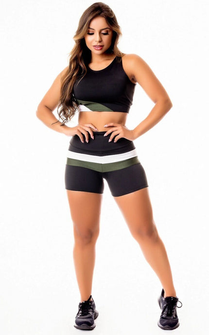 Conjunto Fitness Short e Top Preto com Verde Militar | REF: CSV28