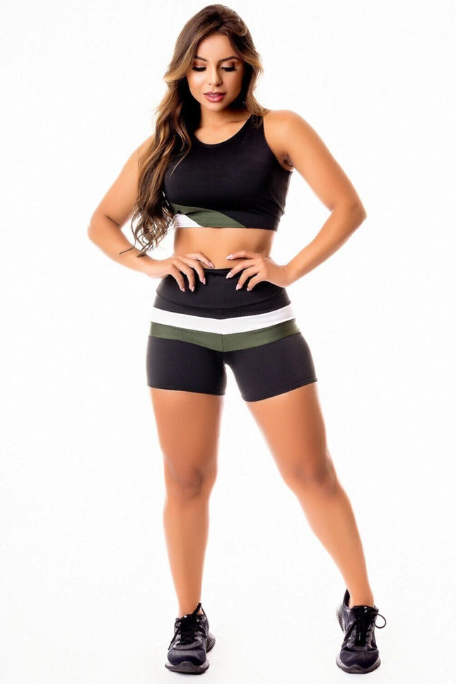 Conjunto Fitness Short e Top Preto com Verde Militar | REF: CSV28