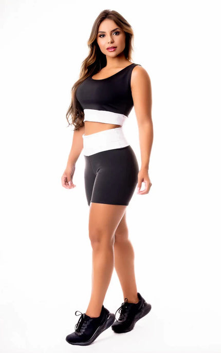 Conjunto Fitness Feminino Short Preto com Branco Cintura Alta e Cropped Regata Academia | REF: CSV18