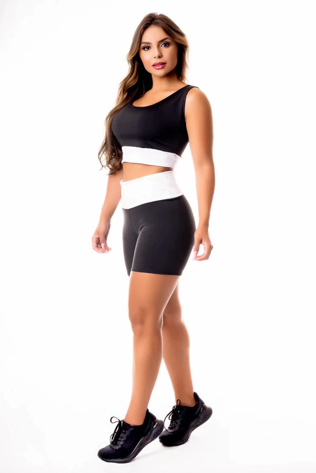 Conjunto Fitness Feminino Short Preto com Branco Cintura Alta e Cropped Regata Academia | REF: CSV18