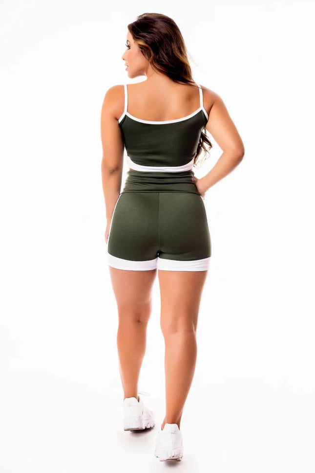 Conjunto Fitness Short e Cropped Verde Militar com Branco  | REF: CSV16
