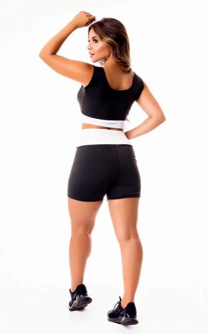 Conjunto Fitness Feminino Short Preto com Branco Cintura Alta e Cropped Regata Academia | REF: CSV18