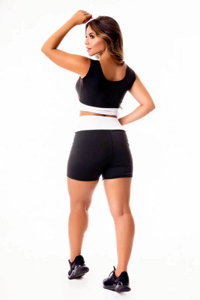 Conjunto Fitness Feminino Short Preto com Branco Cintura Alta e Cropped Regata Academia | REF: CSV18