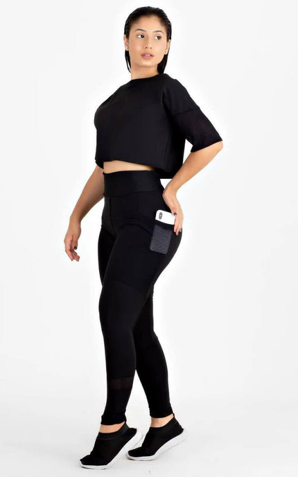 Conjunto Fitness Cropped Preto + Calça Legging com Bolso Tela | REF: LX81