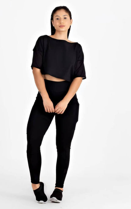 Conjunto Fitness Cropped Preto + Calça Legging com Bolso Tela | REF: LX81