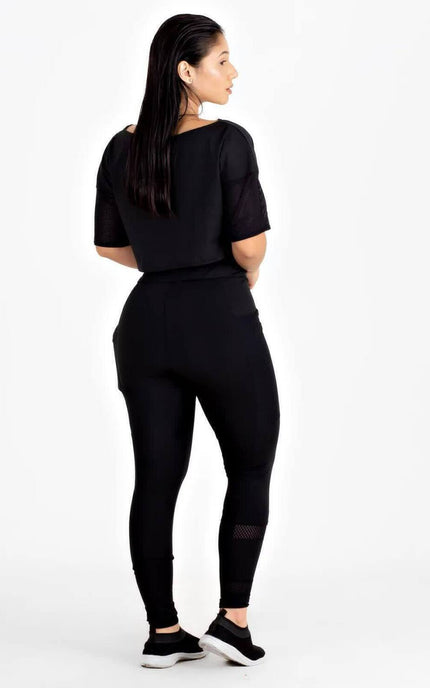 Conjunto Fitness Cropped Preto + Calça Legging com Bolso Tela | REF: LX81