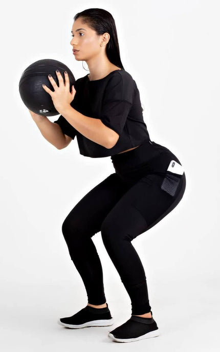 Conjunto Fitness Cropped Preto + Calça Legging com Bolso Tela | REF: LX81