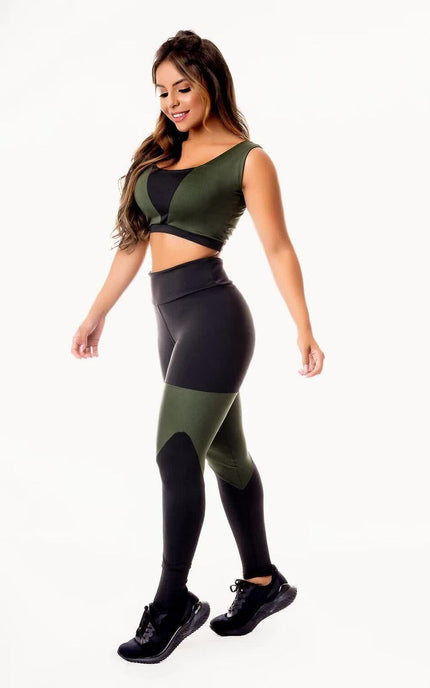 Feminino Calça Legging Preta com Verde Militar Cintura Alta e Cropped Regata Academia Conjunto Fitness | REF: CSV1