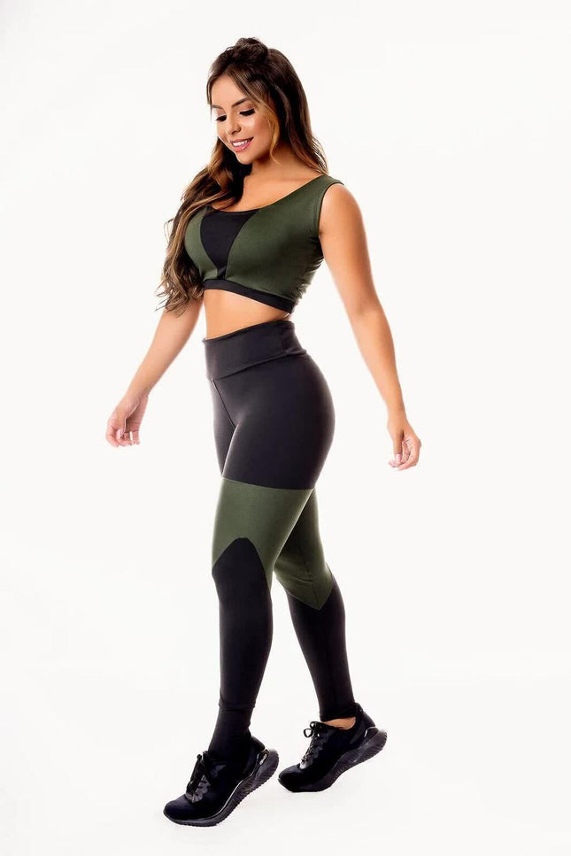 Feminino Calça Legging Preta com Verde Militar Cintura Alta e Cropped Regata Academia Conjunto Fitness | REF: CSV1