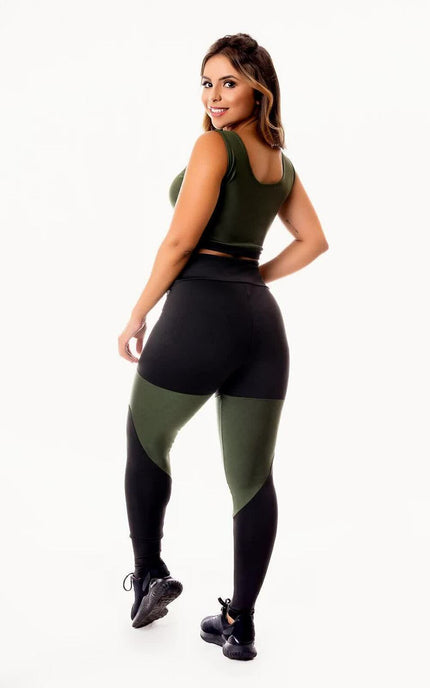 Feminino Calça Legging Preta com Verde Militar Cintura Alta e Cropped Regata Academia Conjunto Fitness | REF: CSV1