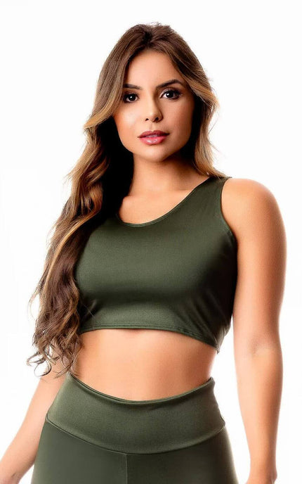 Top Cropped Fitness Verde Militar Básico