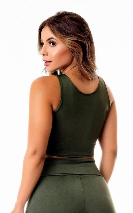 Top Cropped Fitness Verde Militar Básico