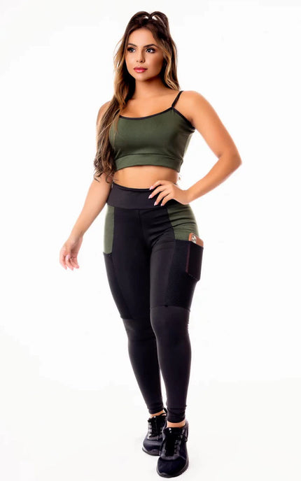 Calça Legging Preta com Verde Militar e Cropped Alcinha Conjunto Fitness | REF: CSV10