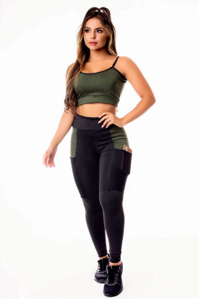 Calça Legging Preta com Verde Militar e Cropped Alcinha Conjunto Fitness | REF: CSV10