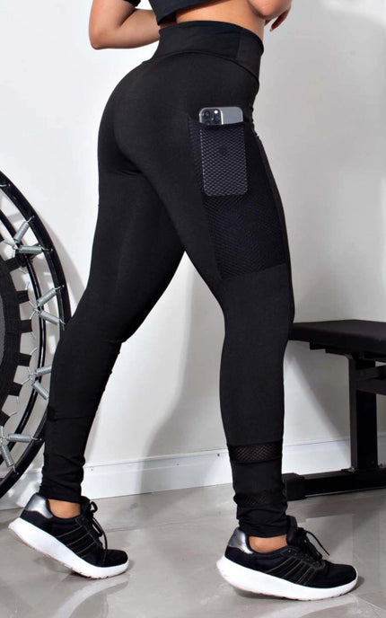 Calça Com Bolso em Tela Legging Fitness Preta | REF: LX83
