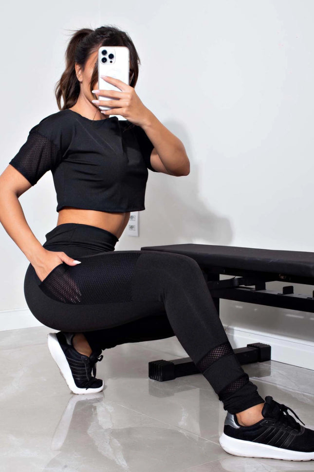 Calça Com Bolso em Tela Legging Fitness Preta | REF: LX83