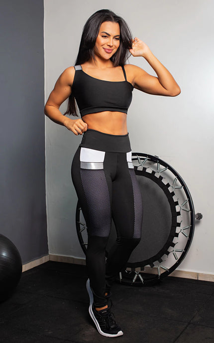 Conjunto Fitness Calça Legging com Bolso de Tela + Cropped com Elásticos  | REF: CCA8