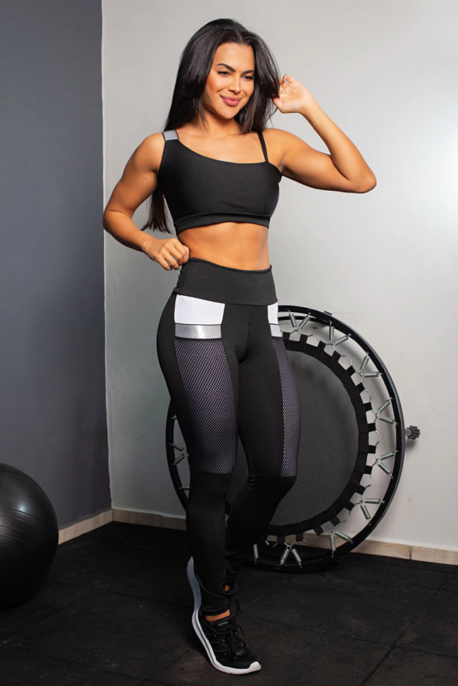 Conjunto Fitness Calça Legging com Bolso de Tela + Cropped com Elásticos  | REF: CCA8